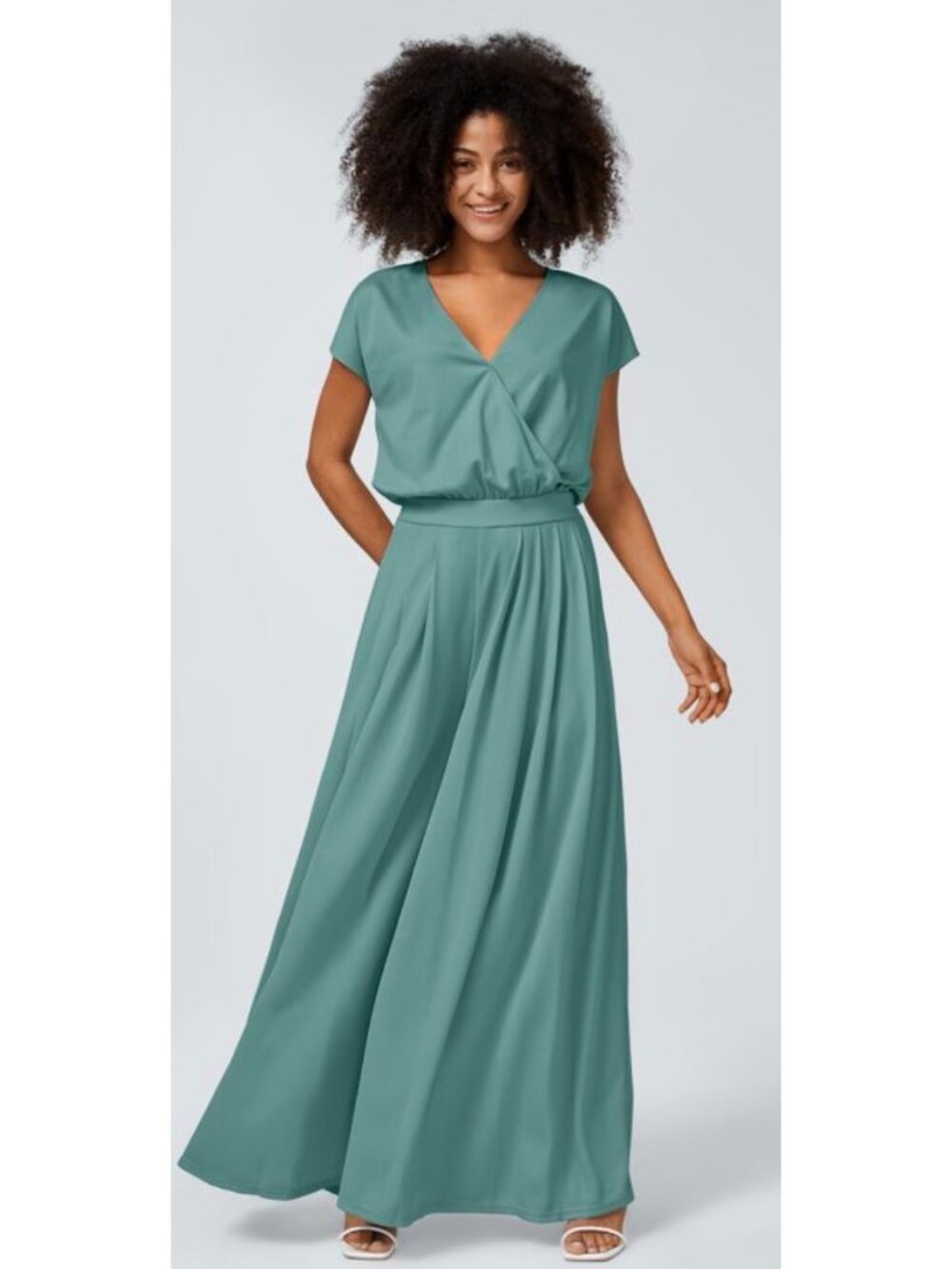 Halara M Seafoam Green Maxi Dress Crossover V-Neck Cap Sleeves Pleated Flowy Ski